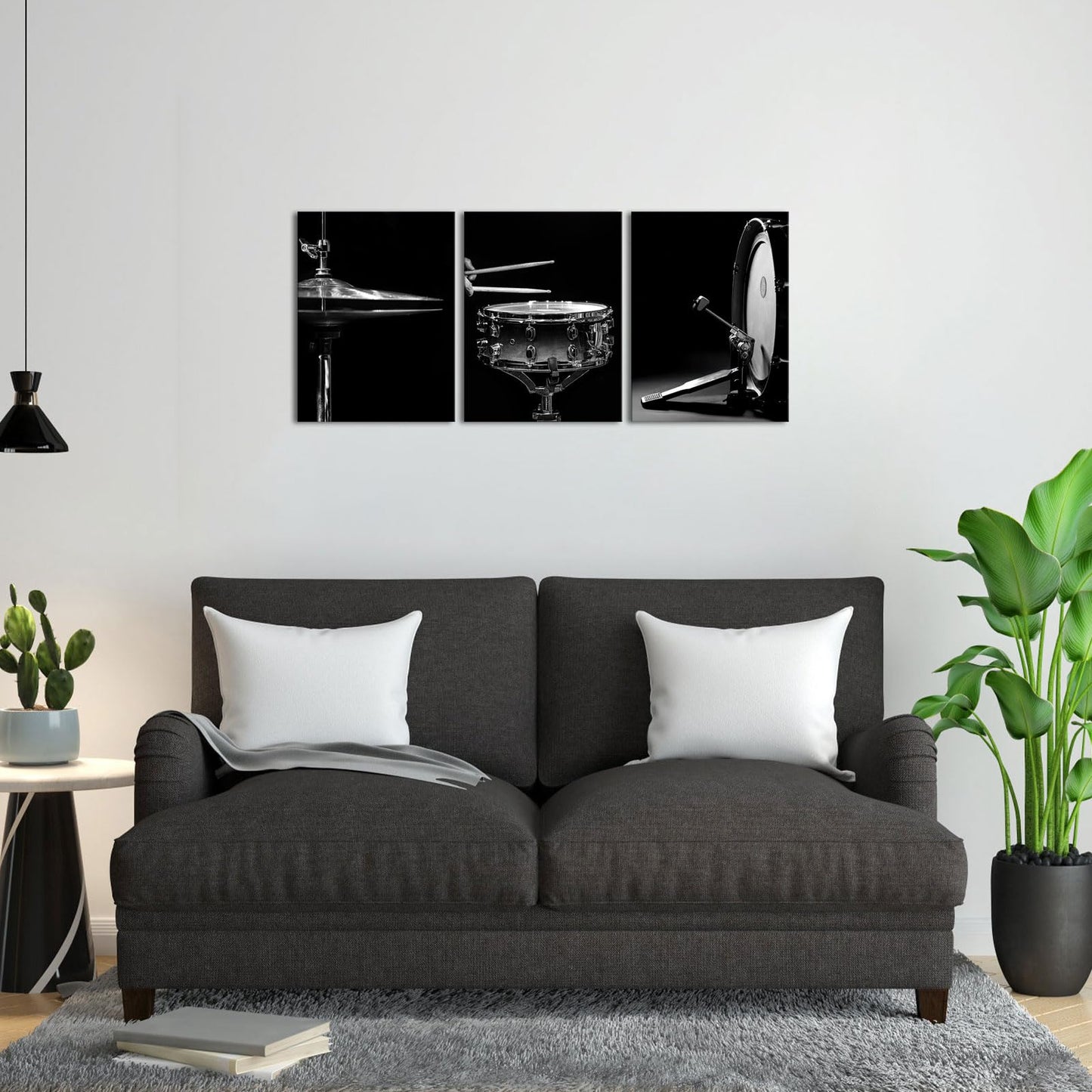 Canvbay Music Canvas Wall Art Black and White Jazz Drum Kit Print Poster Musical Instrument Pictures Modern Home Decor for Rock Studio Music Room 12x16inchx3Pcs