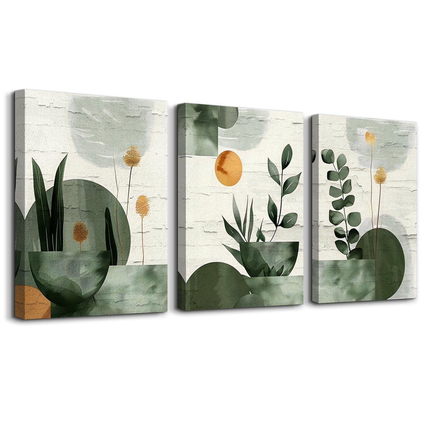 TTHYUEWS Boho Wall Art For Bedroom Canvas Wall Decor For Living Room Office Abstract Decorations Plant Wall Paintings Geometry Pictures Artwork Modern Bathroom Home Decor Ready To Hang 3 Piece