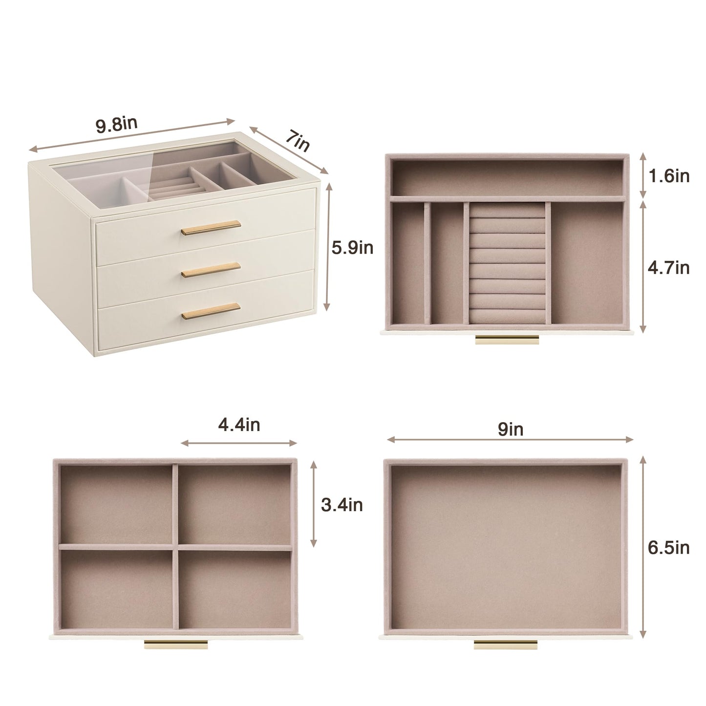 pickpiff Jewelry Box Organizer Case for Women: 3-Layer Jewelry Storage Case with Glass Window, Ivory Leather with Pink Velvet, Holder for Ring Necklace Bracelet Brooch Watch, Great Gift for Her