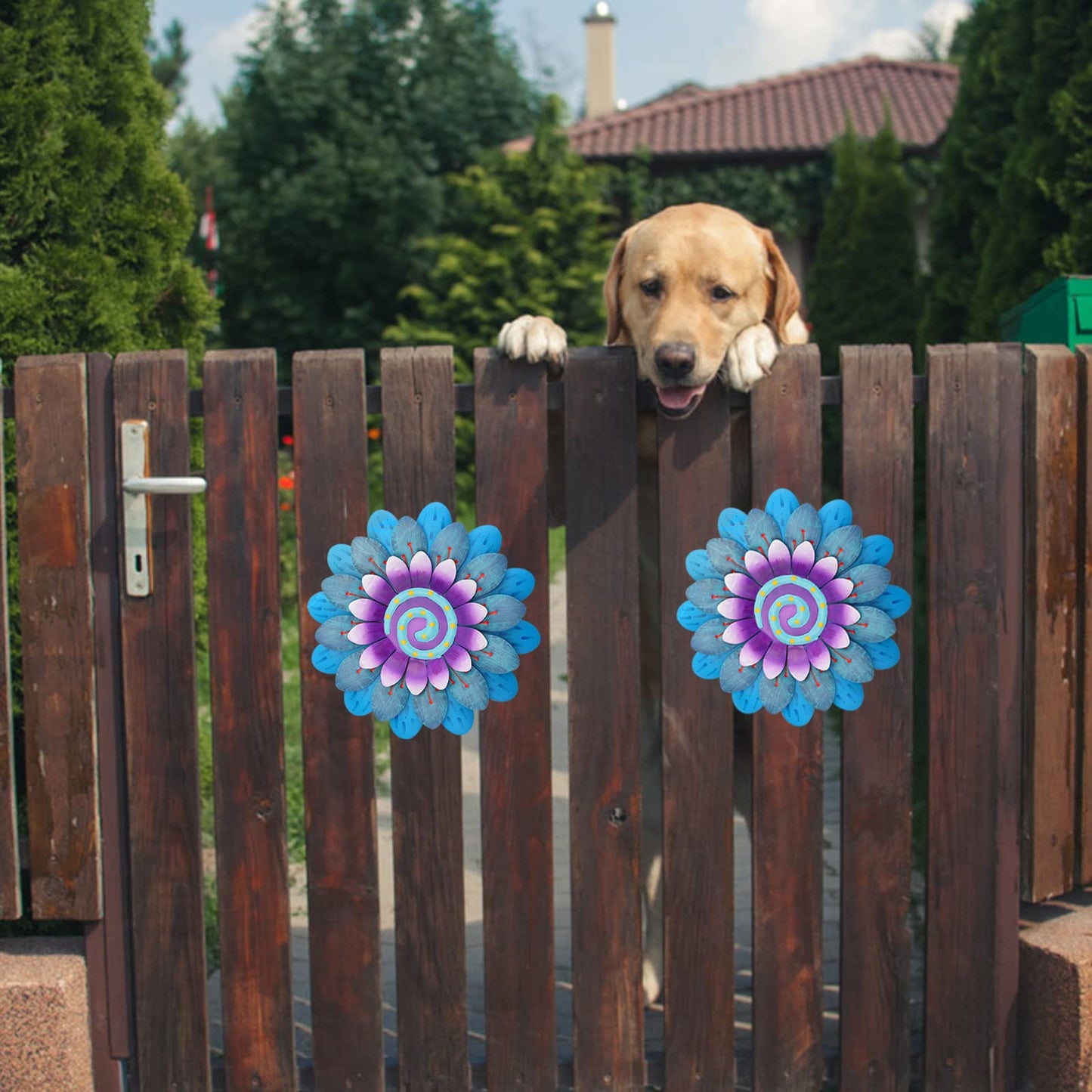 LITIALLY Outdoor Metal Flower Wall Art Garden Decor Cute Flowers Decorations Hanging for Outside Yard Porch Lawn Blue 12x12 inches