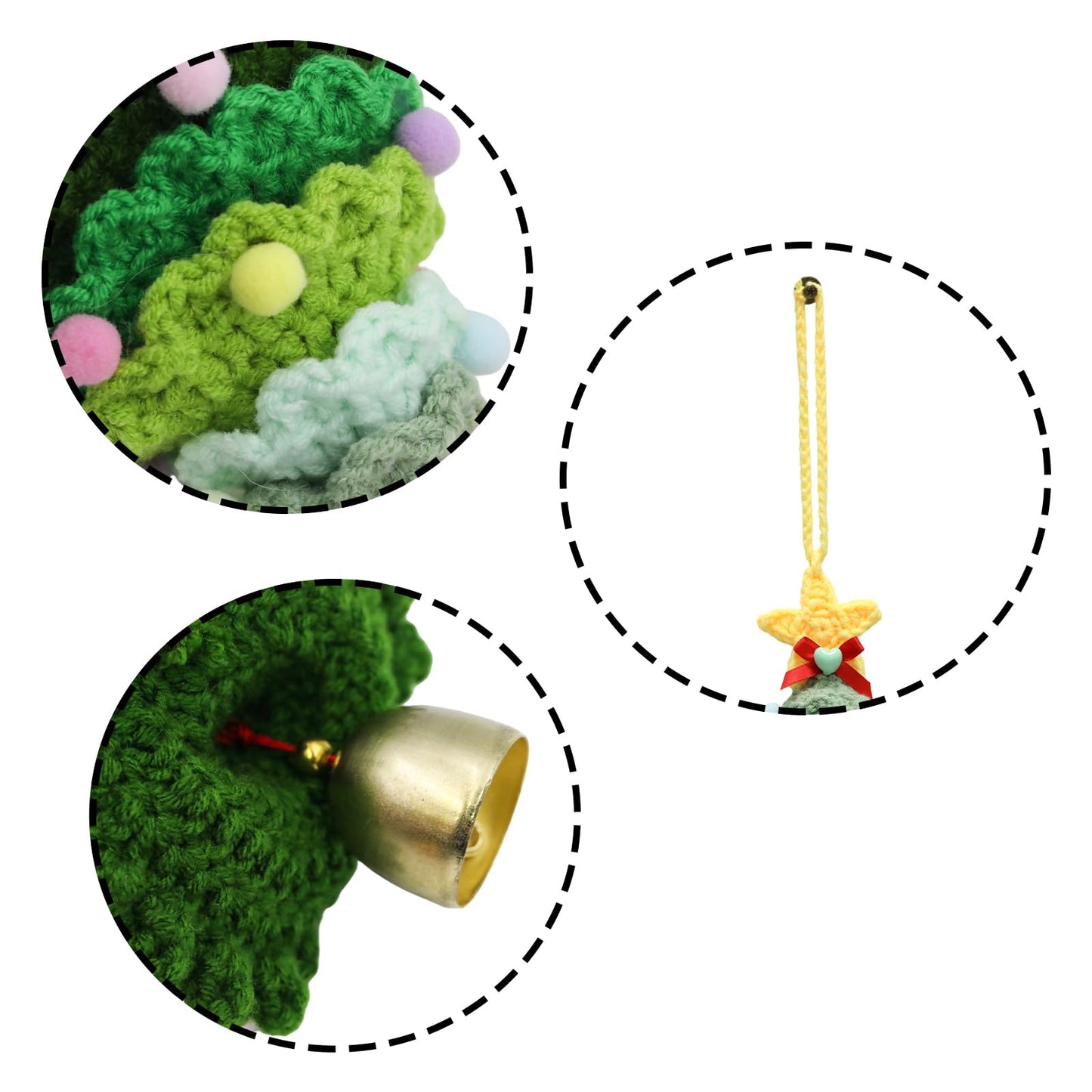 Wuyituart Green Crochet Christmas Tree Hanging Ornament with Bell Handmade Knitted Bell Ornaments Crochet Car Decor
