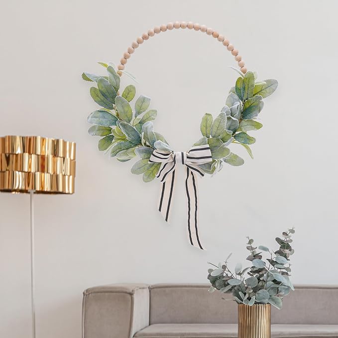 Wood Bead Lambs Ear Wreath - 13 Inch Artificial Greenery Leaf Wreaths Boho Wall Hanging Decoration for Spring Summer Modern Natural Home Farmhouse Porch Indoor Outdoor Wedding Decor