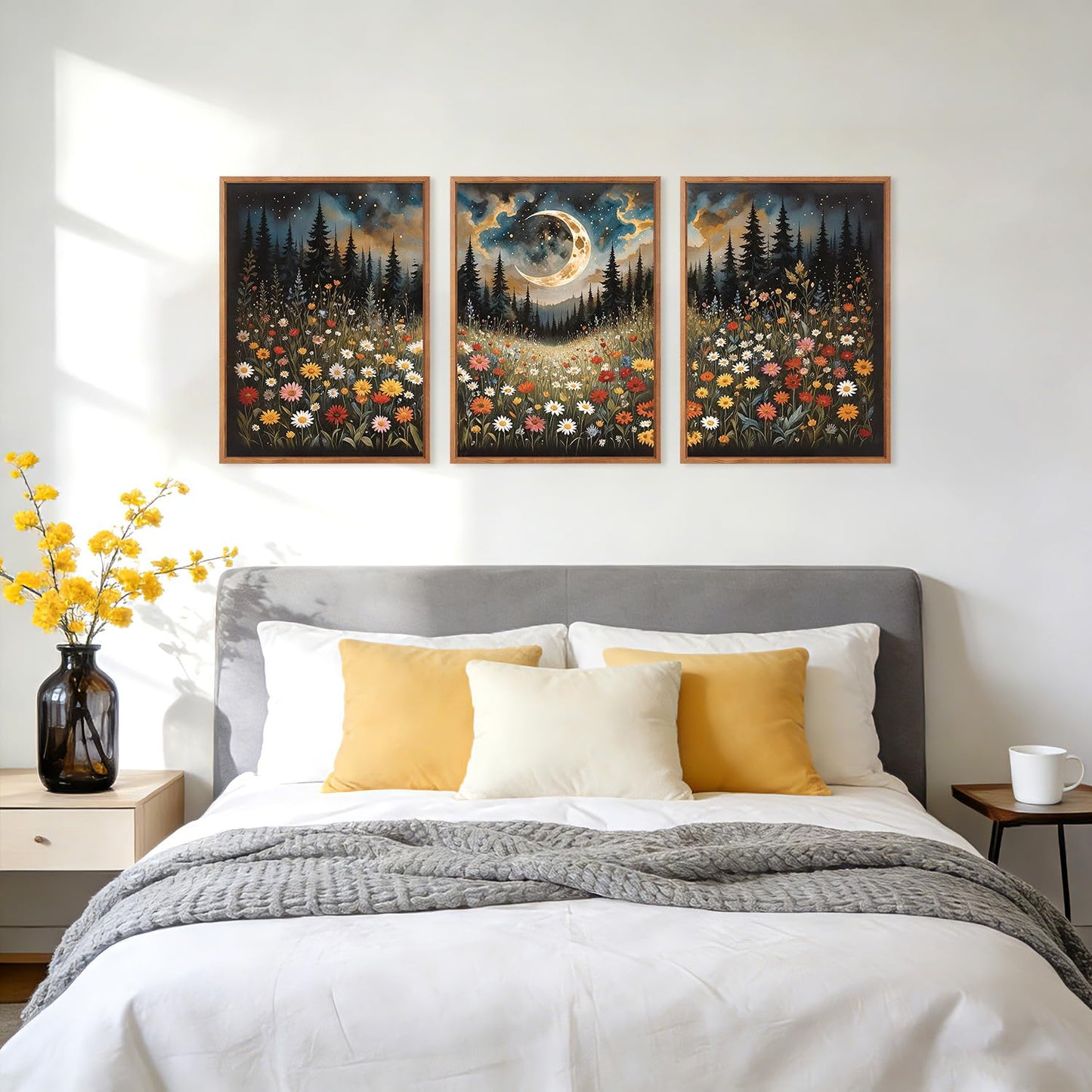 HPINUB Wildflower Moon Forest Framed Canvas Wall Art Set,Nature Pine Tree Wall Decor,Mystical Starry Night Artwork Rustic Mountain Landscape Art Print For Living Room,Bedroom(Set of 3,12X16 Inch)