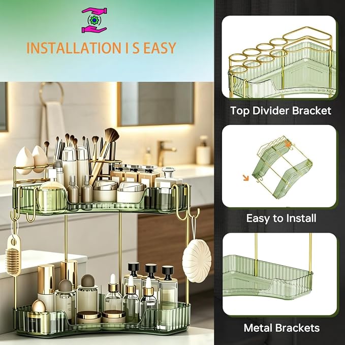 2-Tier Corner Bathroom Counter Organizer，Makeup & Skincare Shelf with Built-in Brush Holder，Space-Saving Bathroom Countertop Organizer for Skincare, Perfume, Cosmetics(Green)