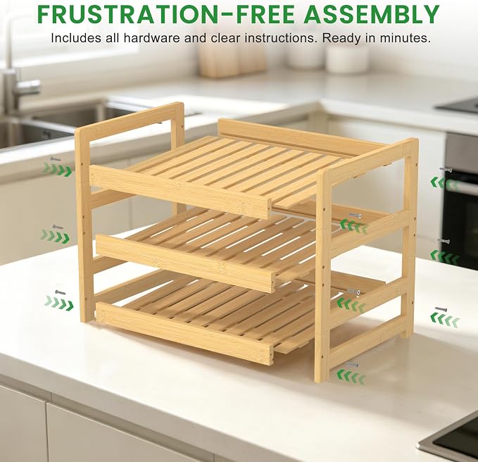 Bamboo Rolling Can Organizer for Pantry, Stackable 3 Tier Canned Food Storage Rack for Kitchen Can Storage Organizer Set with Can Opener & Hooks for Cabinet & Countertop, Holds up to 36 Cans