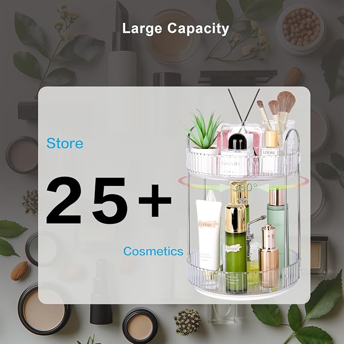 360 Rotating Makeup Organizer, 2 Tier Lazy Susan Bathroom Counter Organizer, Skincare Organizers, Spinning Perfume Organizer & Vanity Organizer Countertop (Silver Clear, 2 Tier)