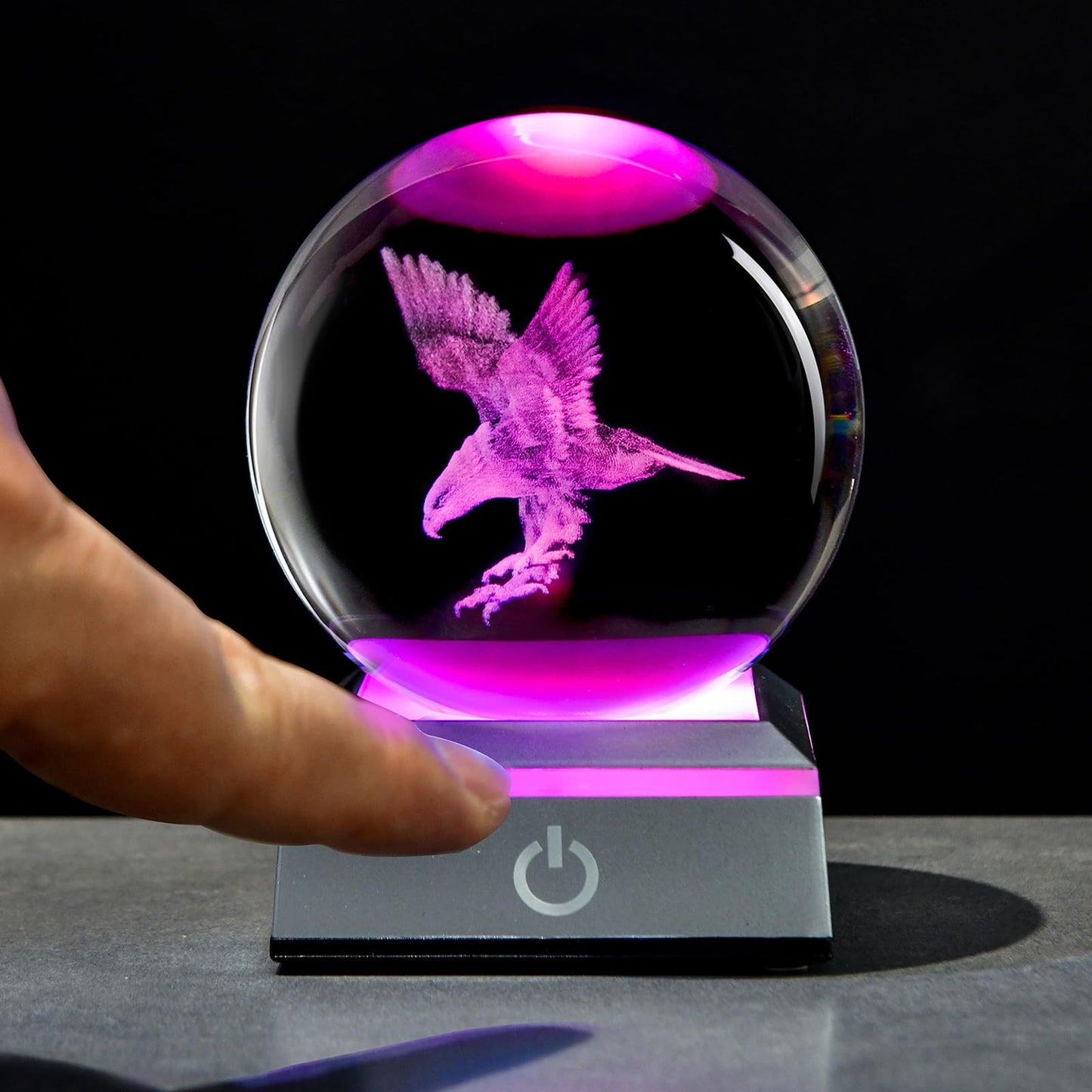 QIANCHANG 80mm 3D Eagle Crystal Ball with LED Stand, Animal Figurine Decor Glass Sphere Lamp Night Light, Eagle Statue Gifts for Men Women Kids