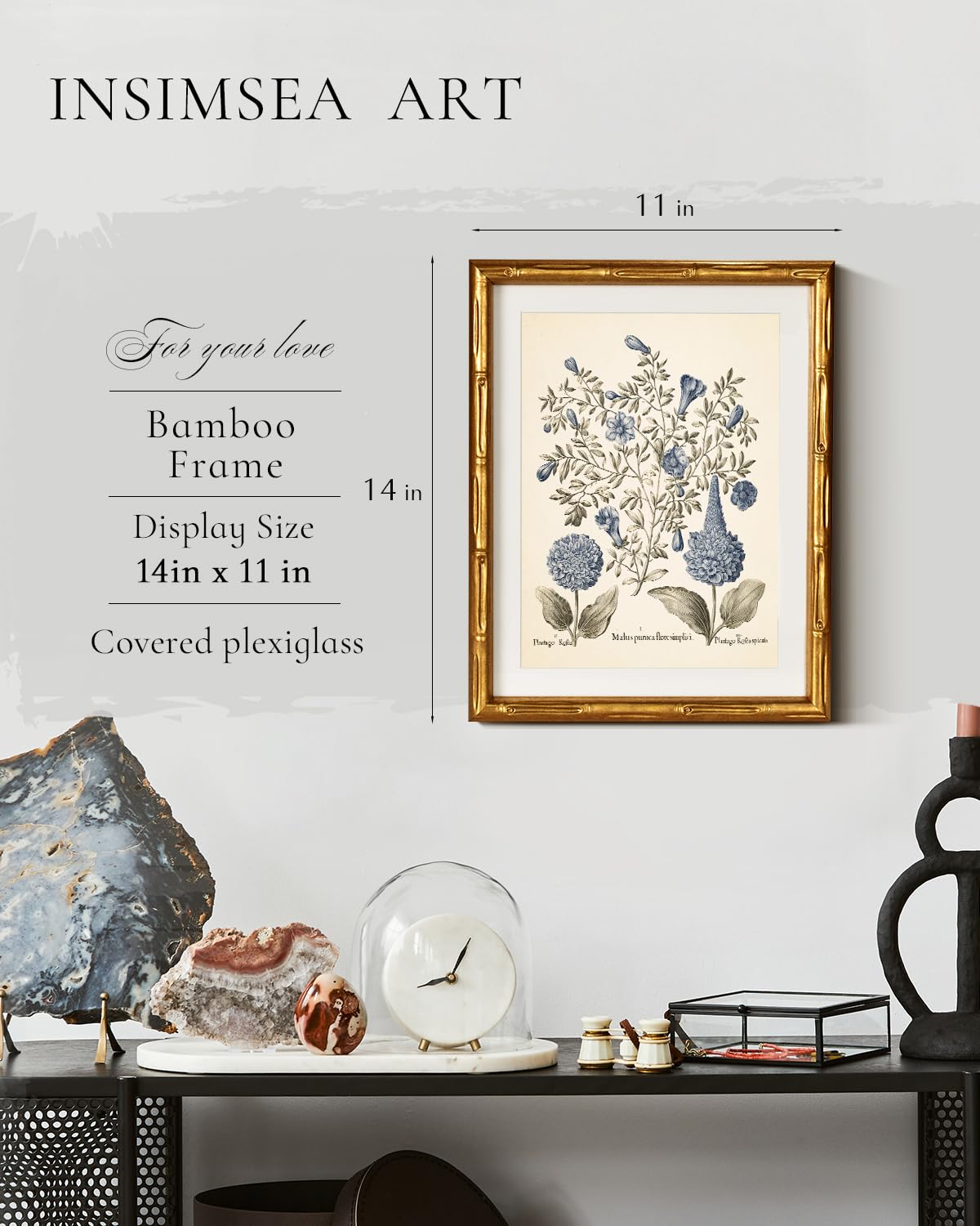 InSimSea Gold Bamboo Framed Canvas Wall Art, Retro Blue Hydrangea Botanical Prints, Antique Flowers Picture Frame with Mat, Victorian Home Wall Decor for Kitchen Living Room Bedroom, 11x14inch