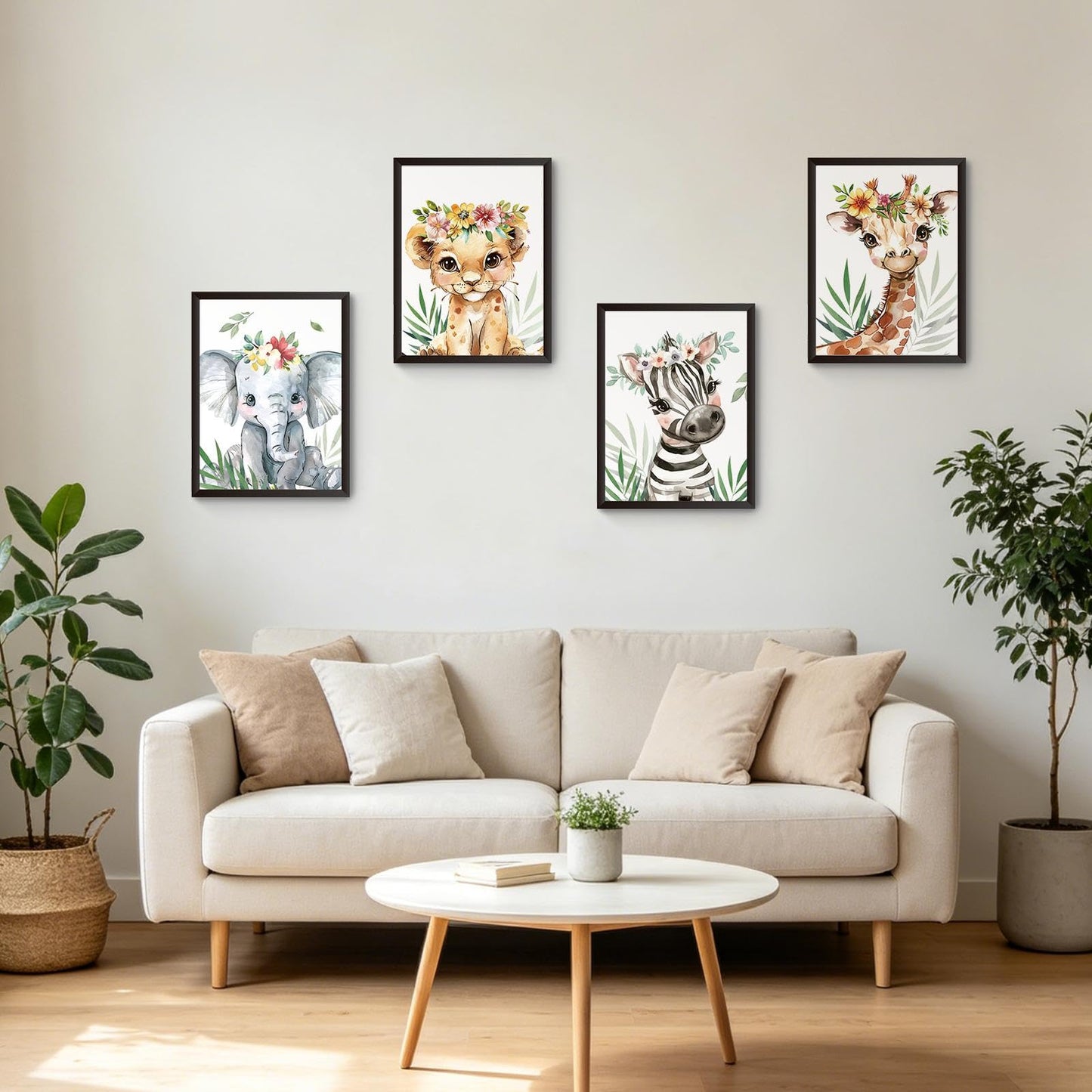 Hapons Baby Safari Animals Nursery Wall Art Decor Posters, Jungle Lion Zebra Elephant Giraffe College Teen Kids Toddler Room Bedroom Bathroom Dorm Wall Art Prints, Aesthetic Tropical Plants Playroom Classroom Wall Decor Gifts 8''x10'' 4 PCS Unframed