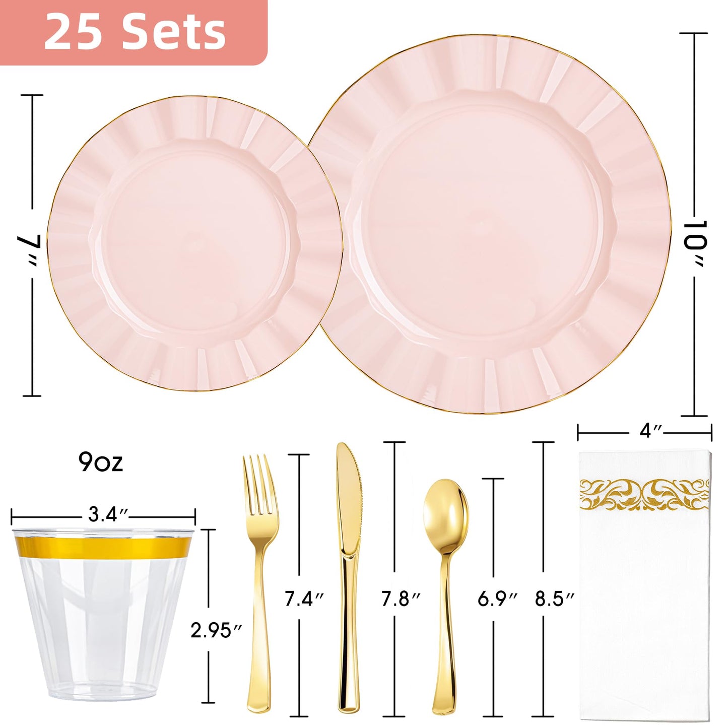 QualQuot 175PCS Gold and Pink Plastic Dinnerware Set, Plastic Party Plates for 25 Guests, 50 Disposable Plates, 25 Heavy Duty Silverware, 25 Cups, 25 Napkins for Mother's Day, Party and Wedding