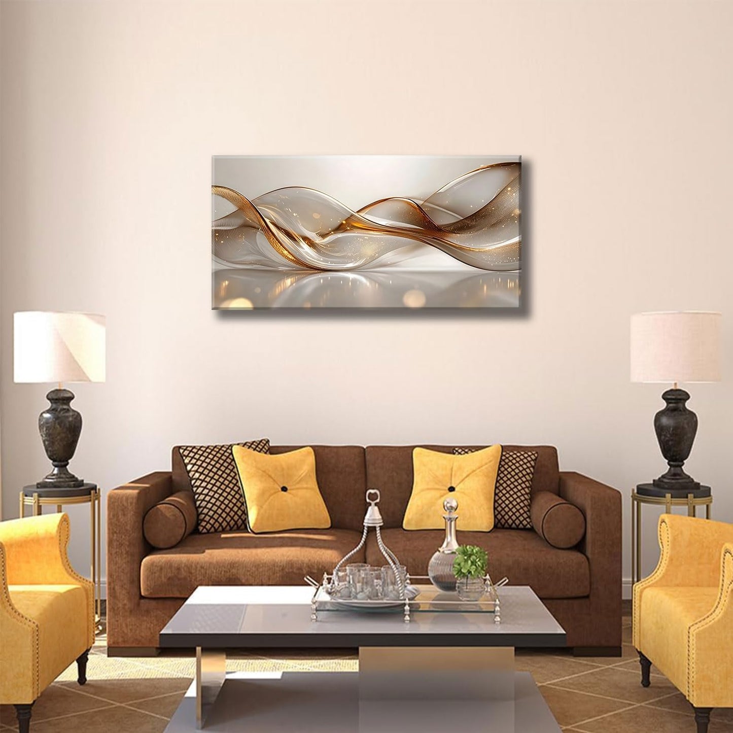 Modern Large Living Room Canvas Wall Art Gold Abstract Lines Decor painting Pictures Transparent Wave Neutral Posters Prints for Bathroom Bedroom Office Hallway Home Decoration