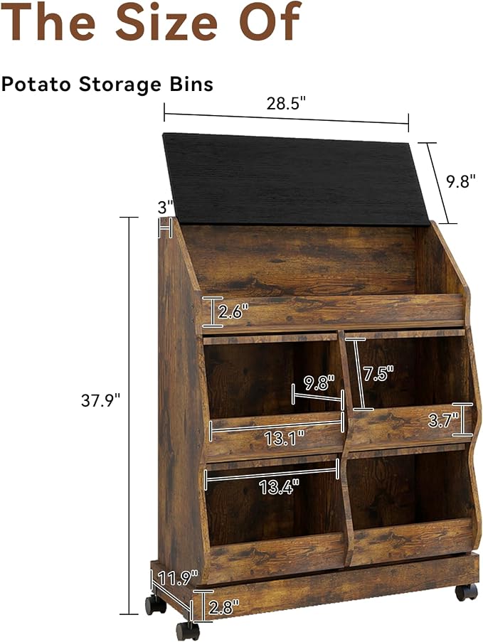 ARTETHYS Potato and Onion Storage Bin for Kitchen Large Potato Storage Box with Wheels 3 Tier Bread Container Holder with Lid and Grocery Section Decorative Vegetable Organization Cabinet for Kitchen