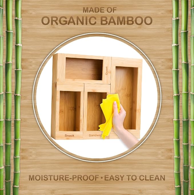 Bartnelli Bag Organizer for Kitchen Storage Organization, 4 PC Premium Bamboo Drawer Organizer, Bag Holder Dispenser