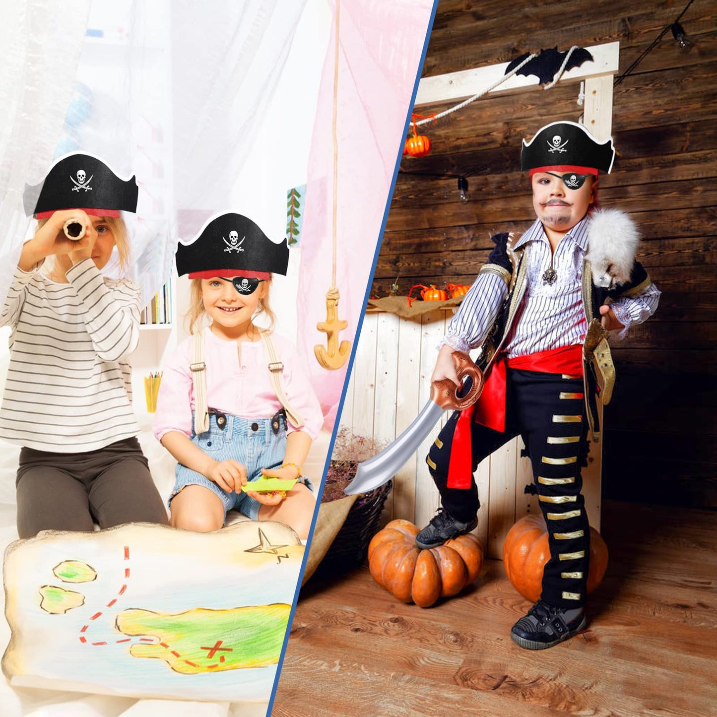 ZeeDix 18 Pcs Pirate Accessories for Kids, Include 6 Pirates Hats, 6 Eye Patches and 6 Swords, Pirate Party Decorations for Christmas, Halloween, Masquerade, Cosplay, Birthday