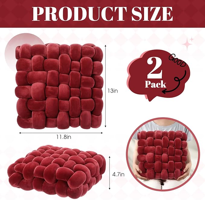 Wenqik 2 Pcs Knot Pillows Square Knotted Plush Throws Soft Accent Pillows Decoration Cushion for Couch Home Office Living Room Bedroom Bed Sofa Decor, 12'' x 13''(Burgundy,Crystal Velvet)
