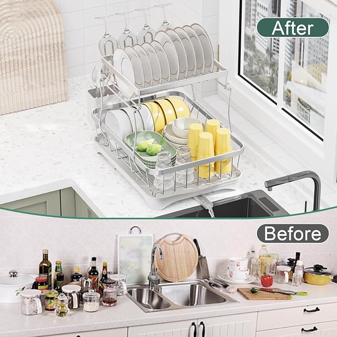 LIYI Dish Drying Rack,Large Dish Rack for Kitchen Counter,2-Tier Dish Racks with draining Tray,Detachable Capacity Dish Drainer Organizer,White