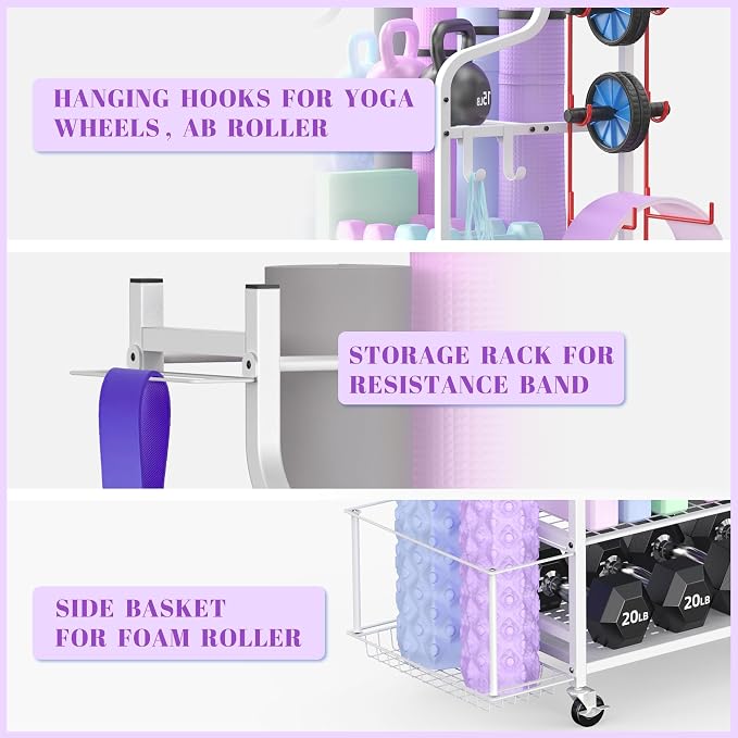 Mythinglogic Yoga Mat Storage Racks,Home Gym Storage Rack for Dumbbells Kettlebells Foam Roller, Yoga Strap and Resistance Bands, Workout Equipment Storage Organizer With Hooks and Wheels