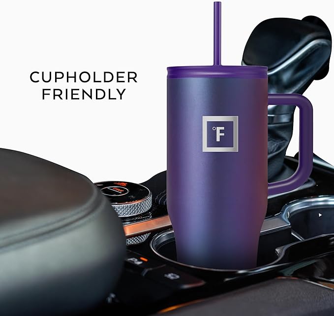 IRON °FLASK Co-Pilot Insulated Mug w/Straw & Flip Cap Lids - Cup Holder Bottle for Hot, Cold Drink - Leak-Proof - Water, Coffee Portable Travel Mug - Burgundy, 32 Oz