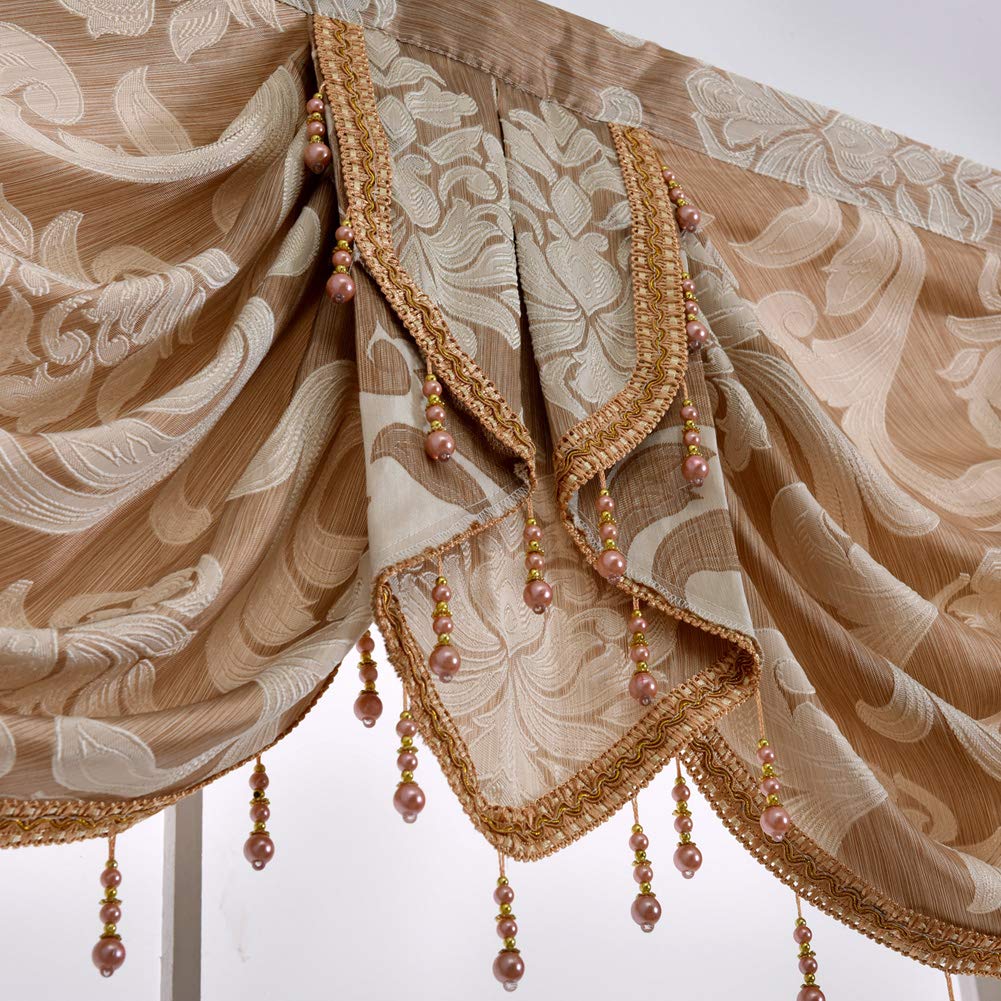 NAPEARL Waterfall Valance for Windows-Damask Valance for Living Room with Beads, Jacquard Swag Curtain Valance for Windows (1 Beige Valance, 61-Inch Wide)
