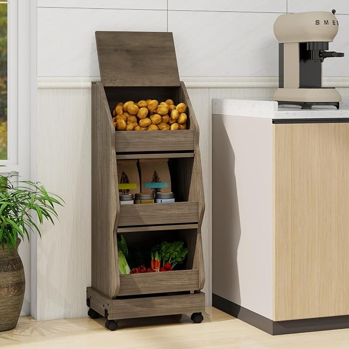 ARTETHYS Potato and Onion Storage Bin with Wheels Gray Movable Bread Box with Lid Onion Organizer with Grocery Section Decorative Vegetable Organization Cabinet for Kitchen