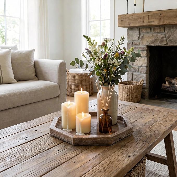 Rustic Candle Holder Plate Boho Wooden Decorative Trays for Coffee Table Farmhouse Kitchen Counter Home Decor Living Room Small Wood Serving Tray for Dining Table Centerpiece Bathroom Vanity Trays