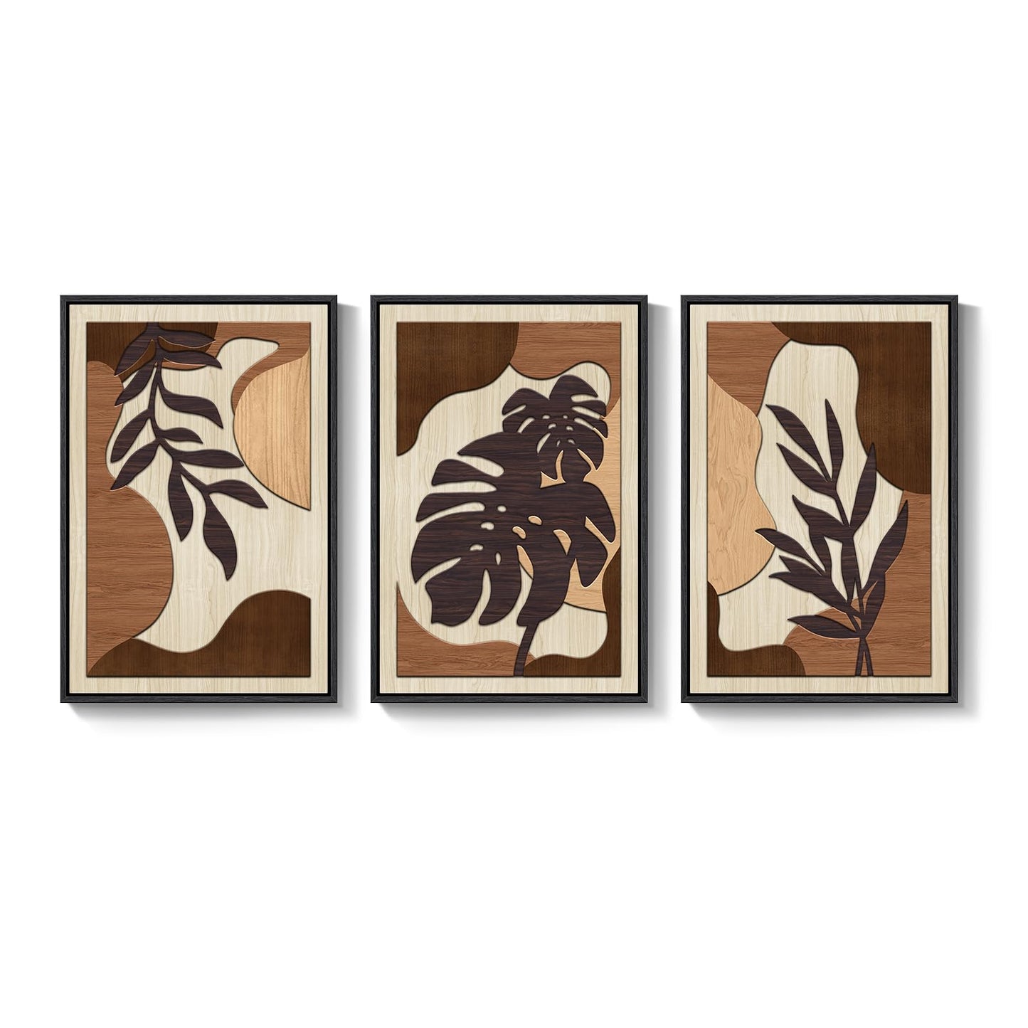 Framed Textured Wood 3D Wall Art for Living Room, Large Boho Tropical Brown Artwork for Walls, 3 Piece Farmhouse Botanical Leaf Wood 3D Textured Wall Art Decor for Office Bedroom Hallway, 24x36 Inch