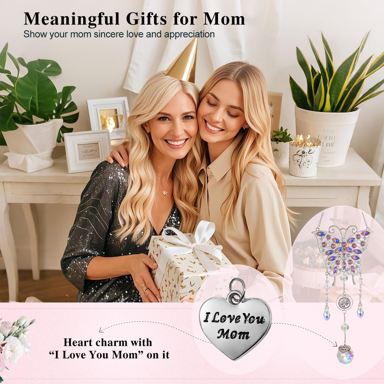Emibele Mother's Day Crystal Suncatcher Gifts for Mom, Butterfly Suncatcher with Heart Charm I Love You Mom, Hanging Butterfly Home Window Decoration, Birthday Gifts for Women, Silver