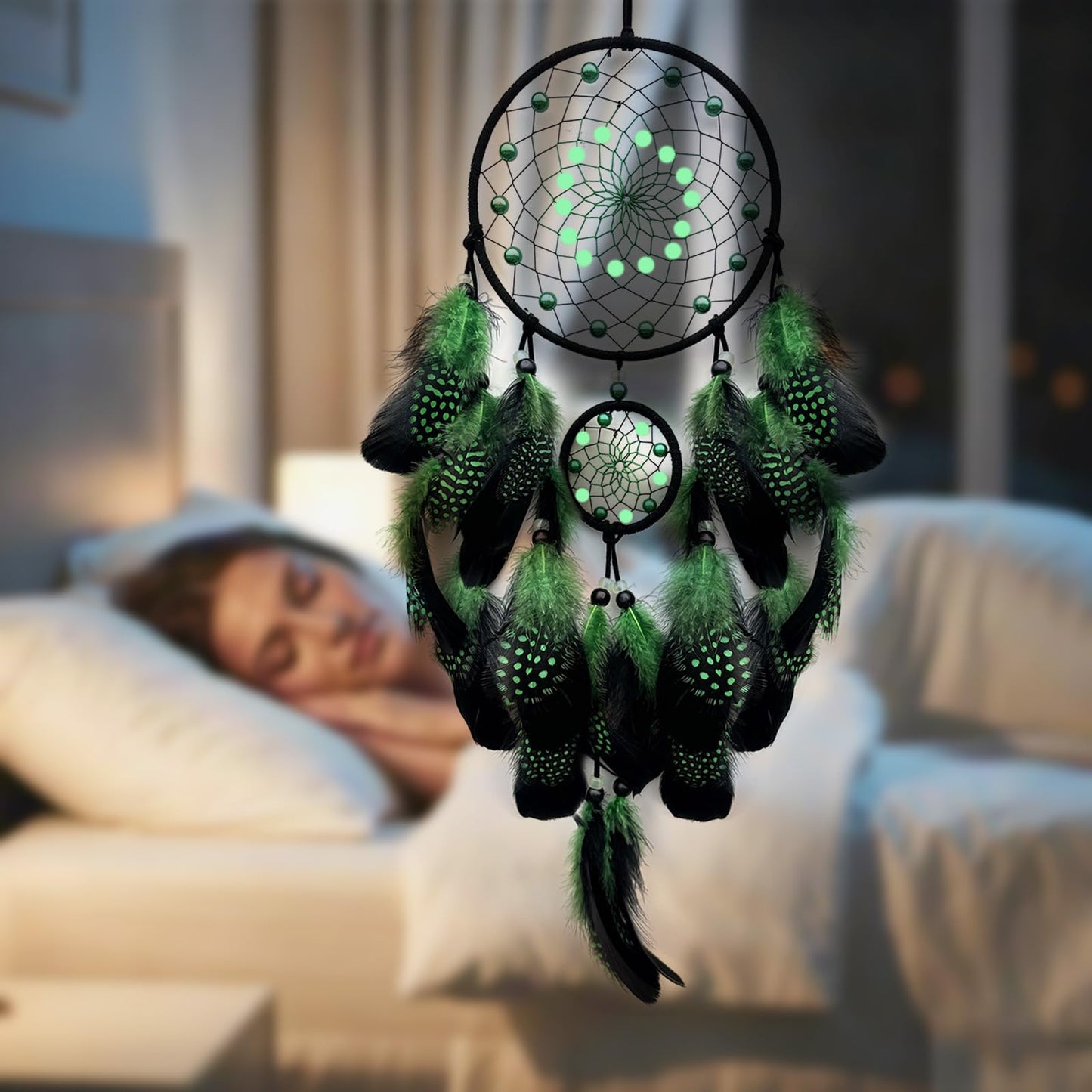 SOYUZU Green and Black Dream Catcher Wall Decor Feather Dream Catchers with Luminous Bead Handmade Dreamcatcher Wall Hanging Ornament for Bedroom Living Room Home Decor