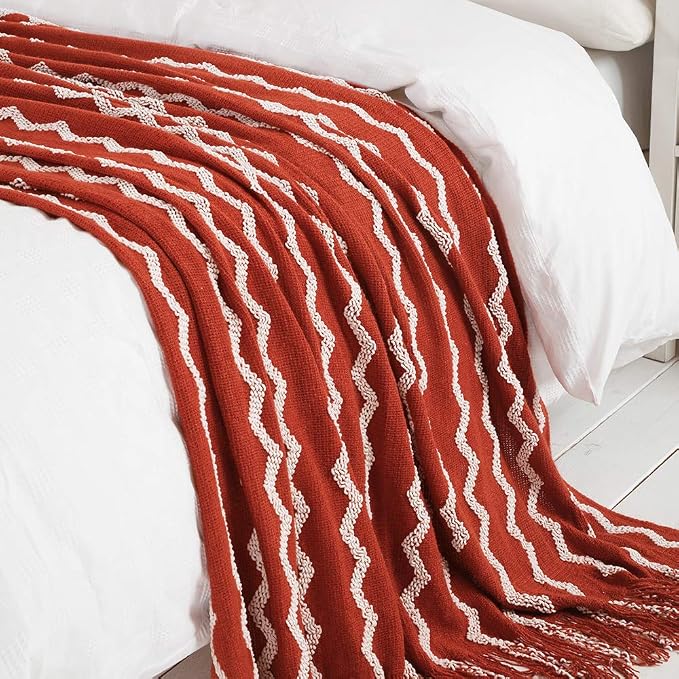 BOURINA Fluffy Chenille Knitted Fringe Throw Blanket Lightweight Soft Cozy for Bed Sofa Chair Throw Blankets, Rust 50" x 60"
