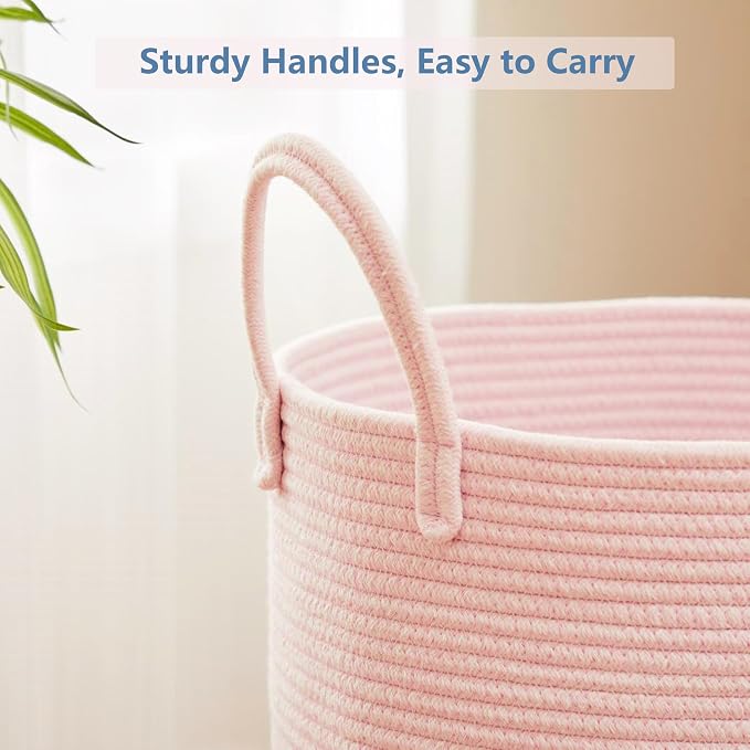 80L Extra Large Pink Hamper Laundry Basket for Baby Girls Tall Nursery Hamper for Kids Woven Rope Clothes Basket for Little Girls Room Bedroom Light Pink Kawaii 16"D x 22"H