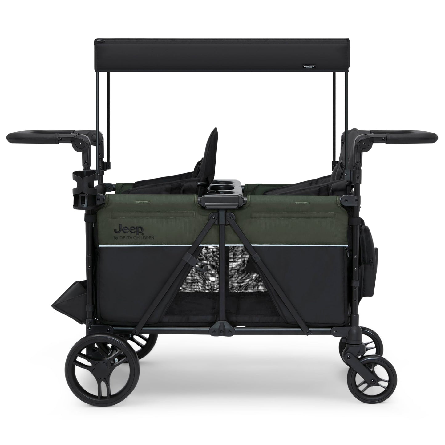 Jeep Aries Stroller Wagon by Delta Children Premium Wagon for 2 Kids with Convertible Seats, Adjustable Push/Pull Handles, Removable Canopy & Flat Fold - Greenguard Gold Certified, Black/Green