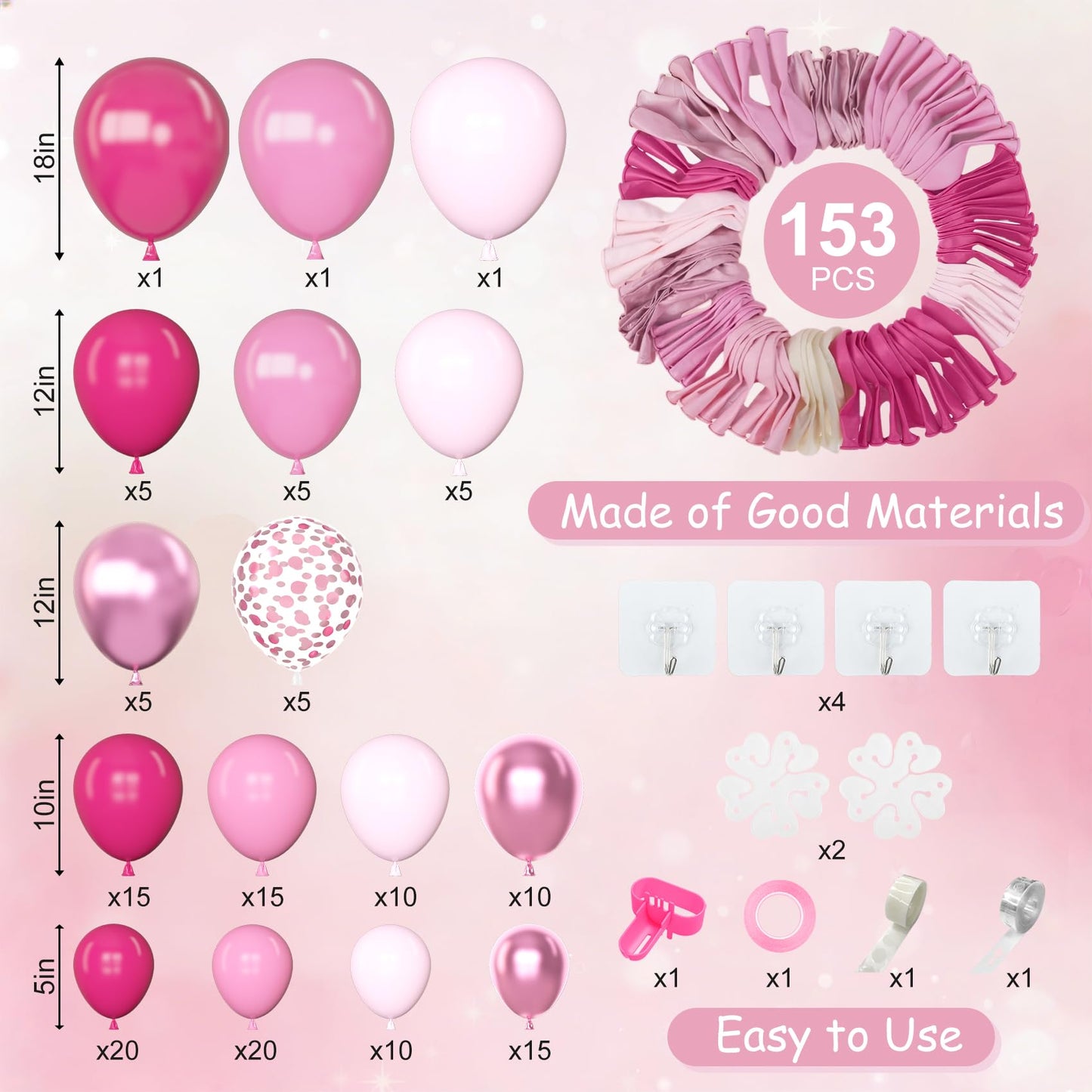 Amandir 153 Pcs Pink Balloon Arch Garland Kit, Different Sizes 18 12 10 5 inch Latex Metallic Confetti Hot Pink Balloons for Valentines Day Baby Shower Birthday Princess Wedding Party Decorations