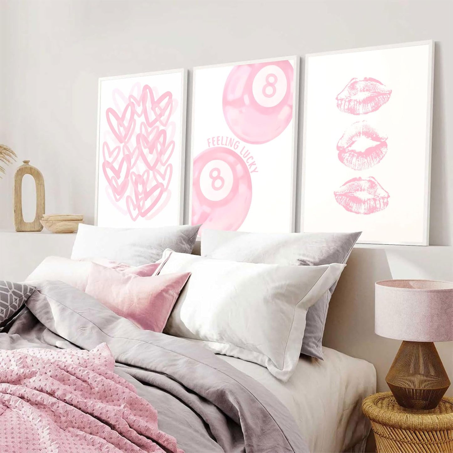 3Pcs Trendy Pink Preppy Canvas Wall Art Light Pink Cute Girly Lips Lucky 8 Ball Hearts Paintings Pictures Wall Decor Coquette Poster Printing Artwork for College Dorm Room Bedroom Home Decoration
