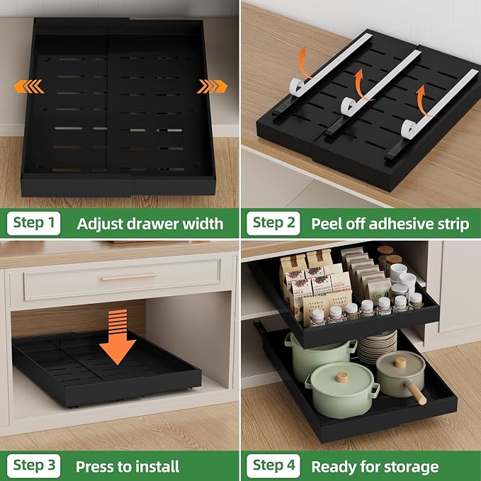 PAKETA 4 Pack Expandable Pull Out Cabinet Organizer, 21'' Deep Pull Out Drawers for Cabinet, Upgrade 3 Slide Rails Sliding Drawers for Cabinets with Adhesive Nano Film (Black, 21"D X 9-14"W)