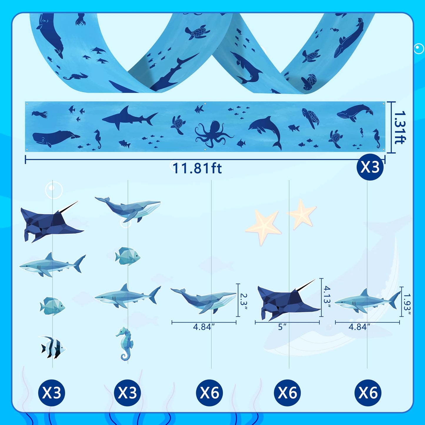3Pcs Shark Ceiling Decorations, Under the Sea Banners and Ocean Themed Fish Hanging Ornaments Decor Birthday Party Supplies