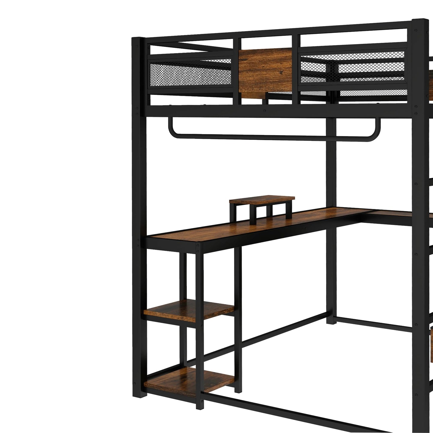 Bellemave Queen Loft Bed with Desk & Storage Fabric Drawers & Shelves, Heavy Duty Metal Frame Loft Bed for Adults & Teens, Space Saving Bed for Apartments & Dorm, No Box Spring Needed, Black