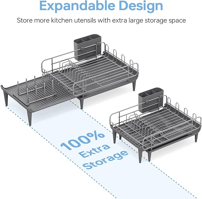 TOOLF Large Dish Drying Rack, Expandable Dish Rack for Kitchen Counter, Multifunctional Dish Drainer, Organization and Storage Essentials with Cup & Cutlery Holders, 16.7"-26.8" L x 12.6" W, Gray