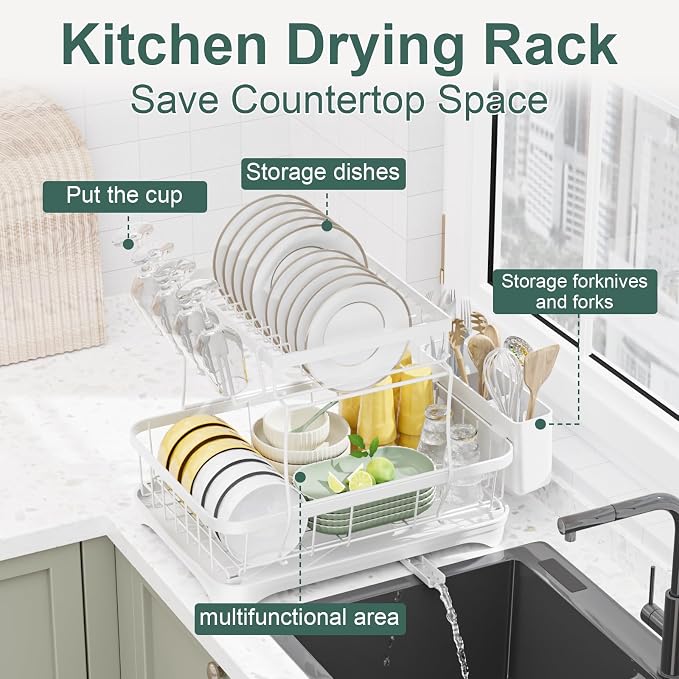 LIYI Dish Drying Rack,Large Dish Rack for Kitchen Counter,2-Tier Dish Racks with draining Tray,Detachable Capacity Dish Drainer Organizer,White