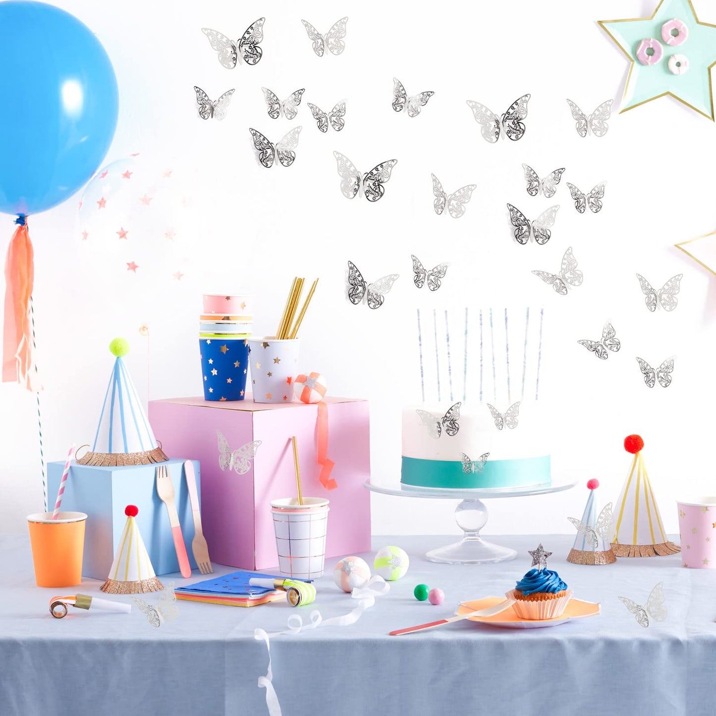144 Pcs 3D Butterfly Wall Stickers Decor 6 Styles 3 Sizes, Silver Removable Butterfly Decals Room Wall Decor for Kids Nursery Classroom, Wedding, Party, Baby Shower