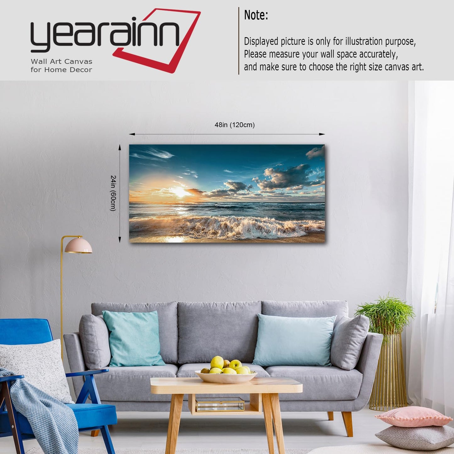 yearainn Sunset Beach Wall Art - Sea Beach Canvas Pictures Blue Ocean Wall Decor Coastal Waves Painting Nature Landscape Print Artwork for Living Room Bedroom Bathroom Home Office Decoration 24" x 48"