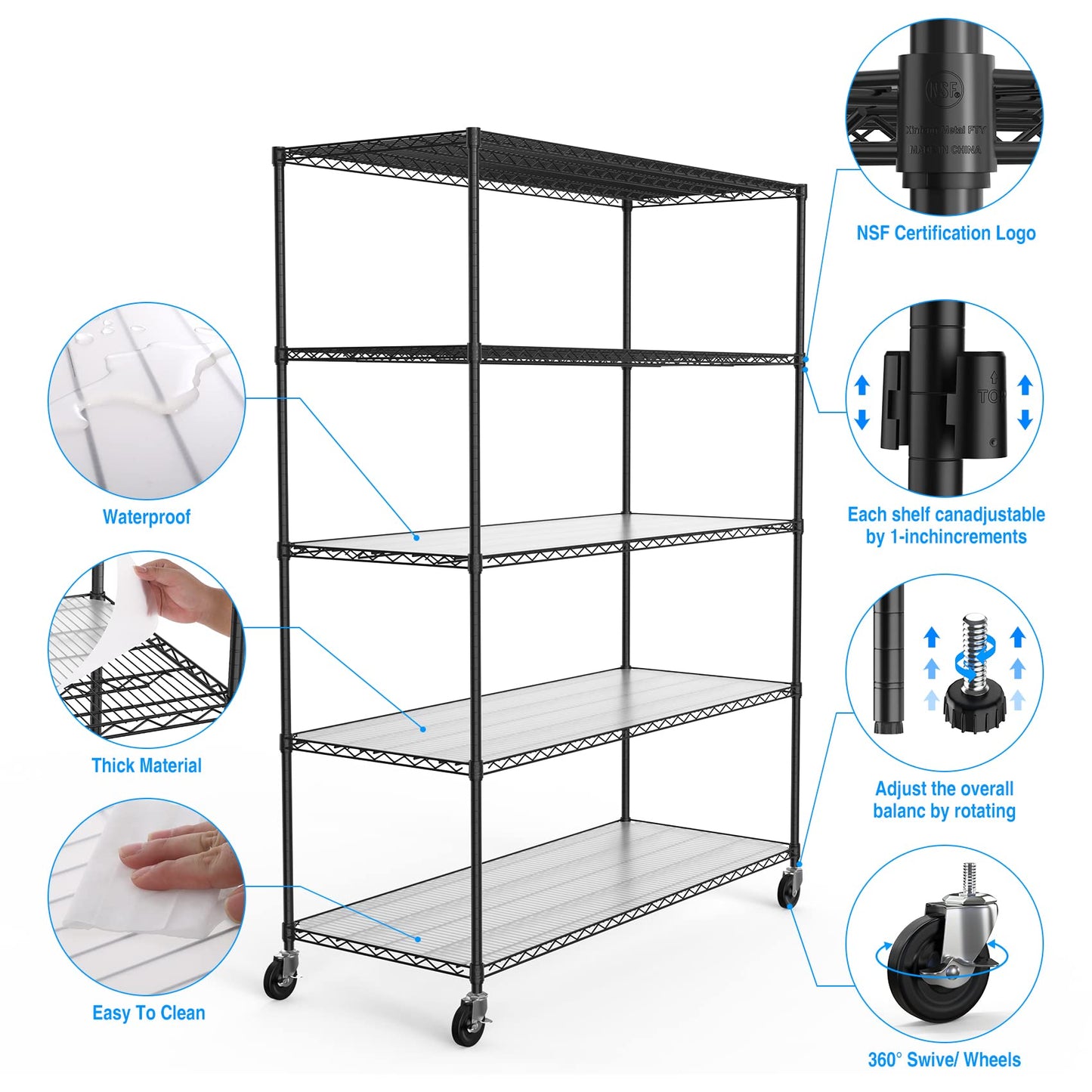 Metal Shelf Wire Shelving Unit, 5 Tier 7500lbs Capacity NSF Heavy Duty Adjustable Storage Rack with Wheels & Shelf Liners for Commercial Grade Utility Steel Storage Rack,82"H x 60"L x 24"D-Black
