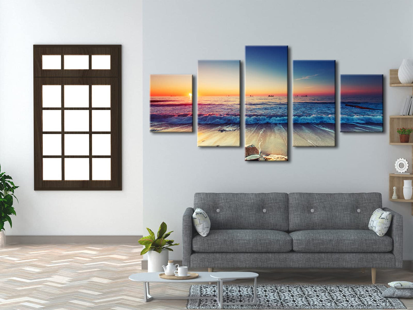 Pyradecor 5 Piece Large Modern Seascape Artwork Gallery Wrapped Ocean Sea Beach Pictures Canvas Prints Waves Paintings on Canvas Wall Art for Living Room Bedroom Home Decorations L