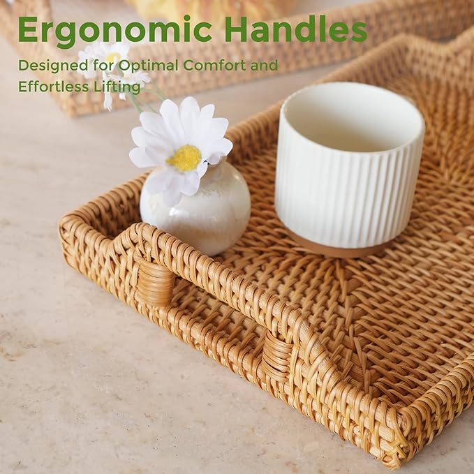 Rattan Serving Tray with Handles, Natural Woven Wicker Tray, Rattan Serving Rectangle Wicker Trays for Decor Coffee Table Breakfast (14.5" × 10")