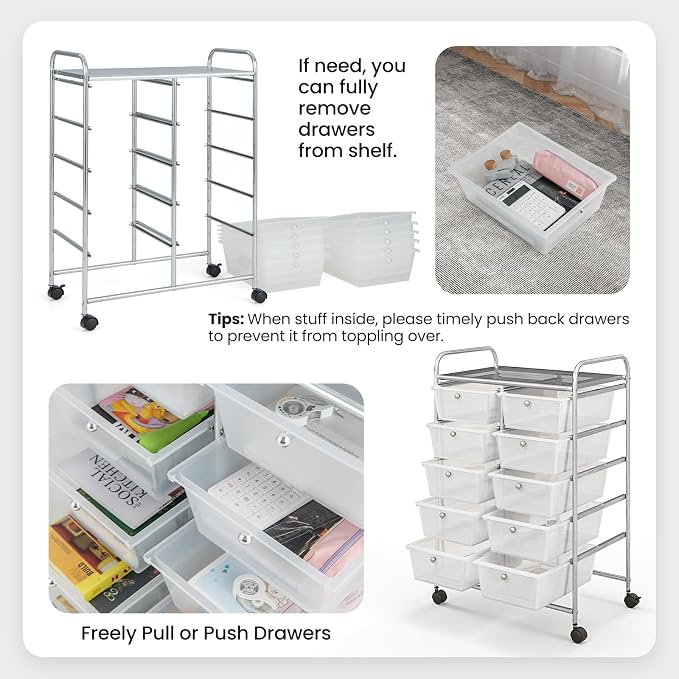Giantex 10 Drawers Rolling Cart, Classroom Organizers, Storage Cart with Wheels, for Teacher Office Home School Supplies Tool Craft Art Paper, Clear White