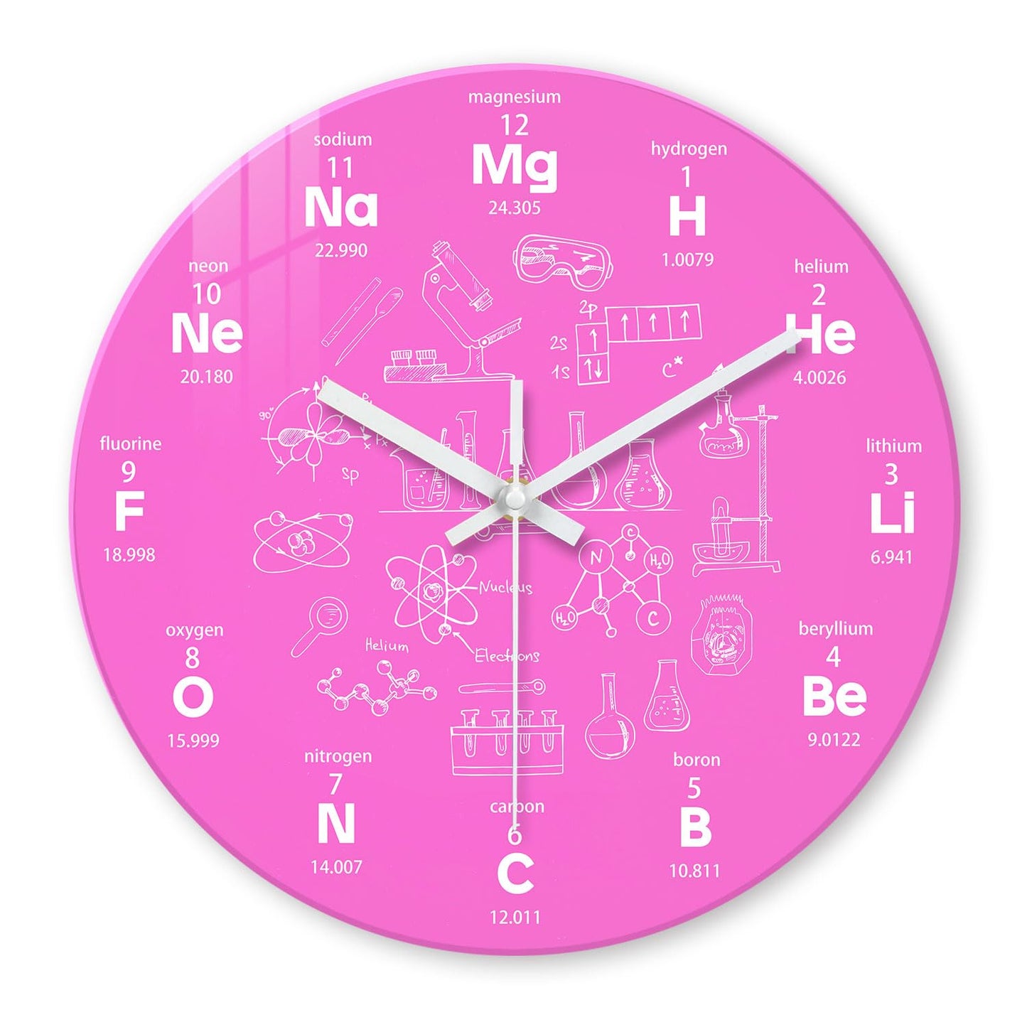 XNM Pink Chemical Clock for Girls Bedroom Wall Clocks Battery Operated Round Glass Analog Science 12 Inch Silent Wall Clock