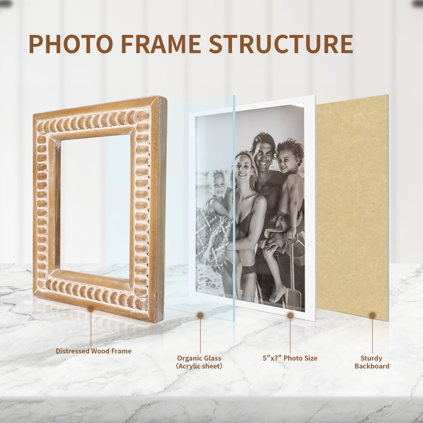 MACVAD Large Rectangular Natural Wood Picture Frame With Decorative Beads- Perfect for 5X7 Single Photos - Farmhouse Gift Idea for Family and Friends