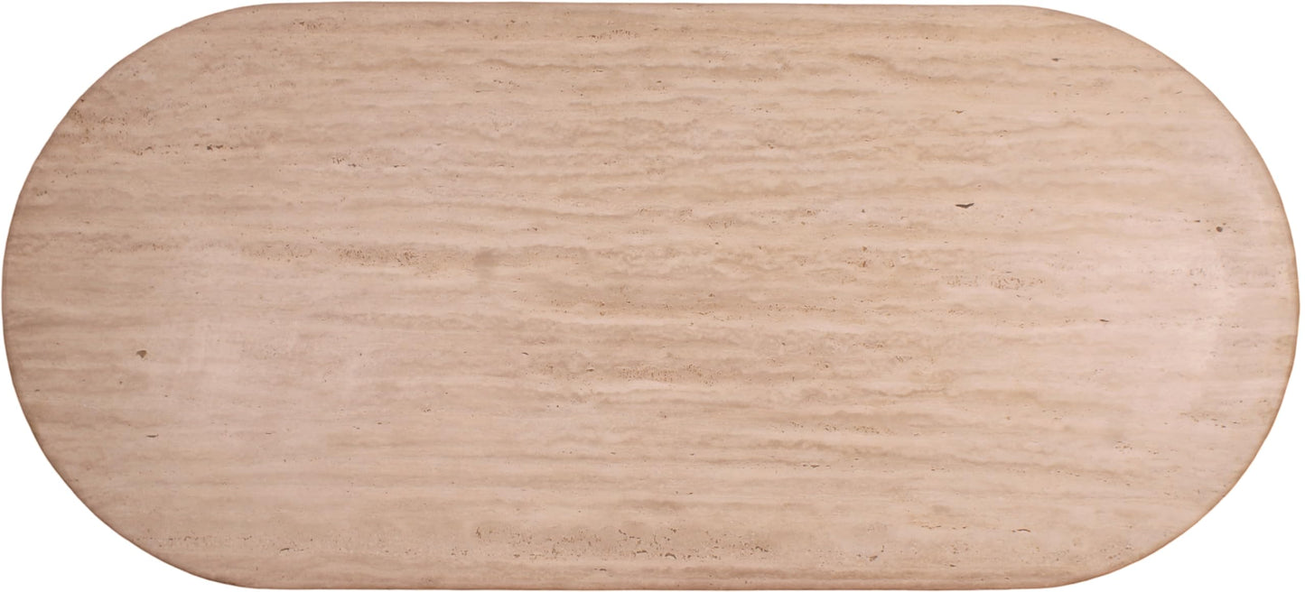 Meridian Furniture Messina Collection Art Deco Travertine Dining Table, Fluted Travertine Bases, Oval Top, 87" W x 39.5" D x 30" H, Beige Travertine
