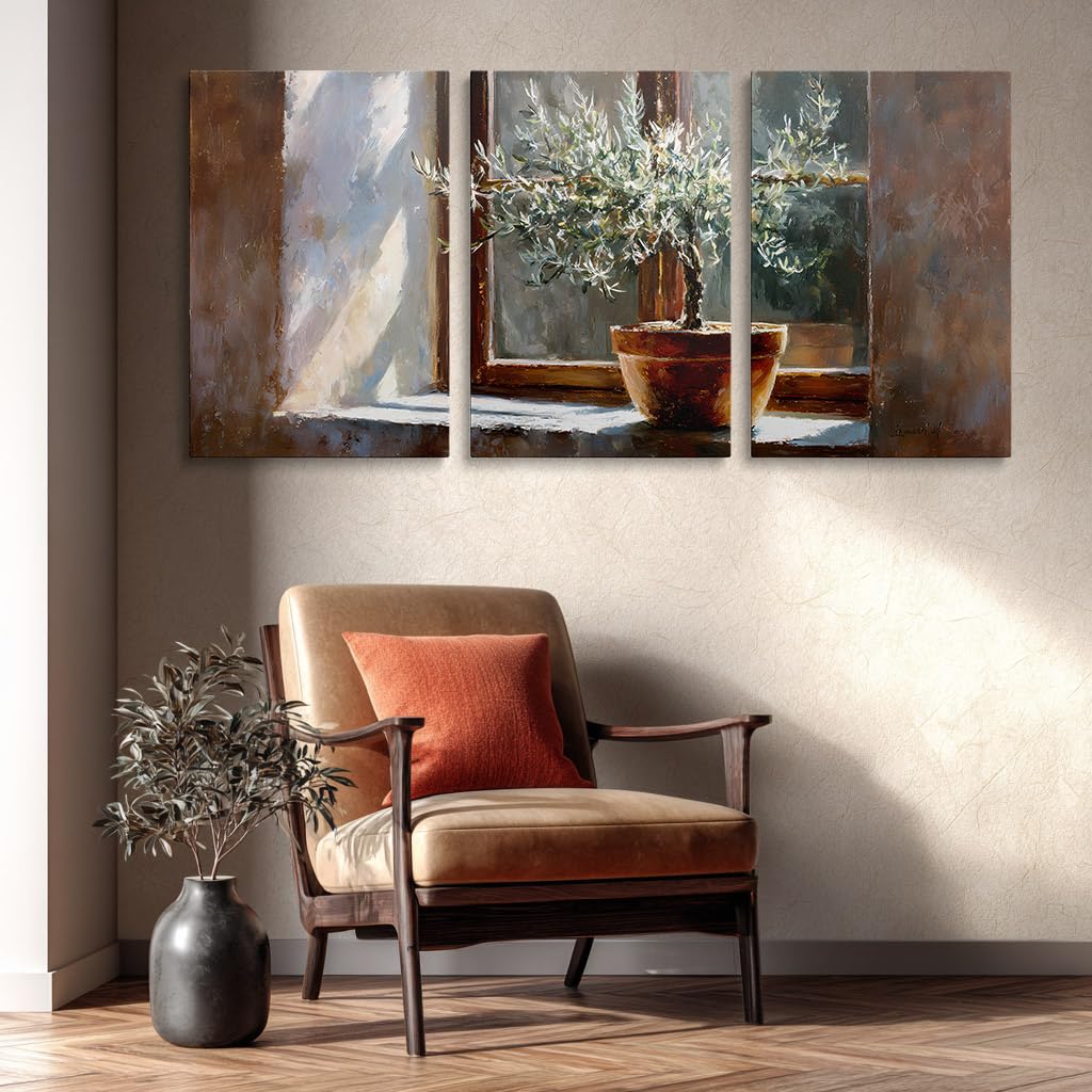 Madayos Potted Olive Tree 3 Piece Canvas Wall Art Window Sill Still Life Triptych Wall Decor For Living Room Bedroom Rustic Botanical Mediterranean Home Decor (24x36 inch)