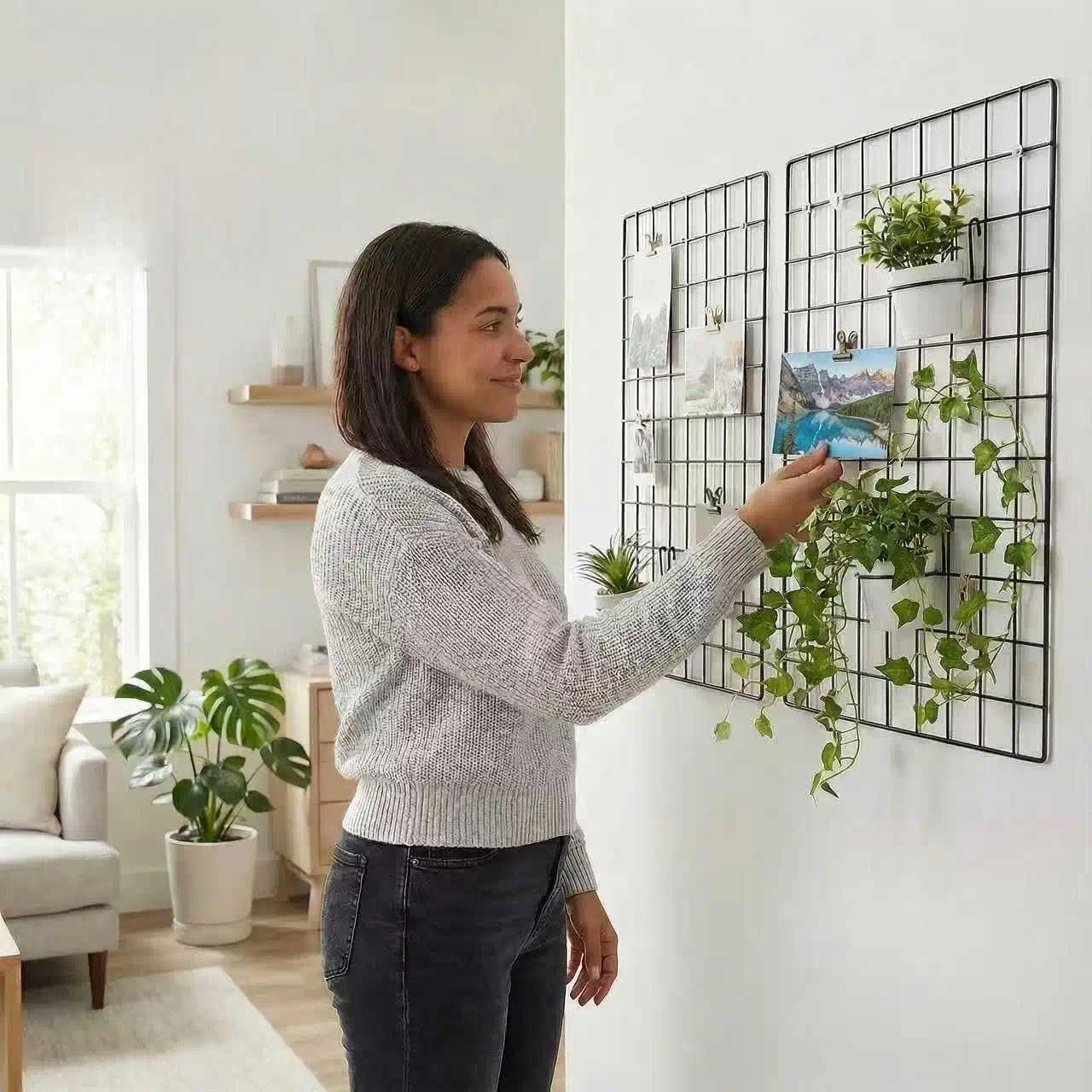 Kaforise Wire Wall Grid Panel, Multifunction Painted Photo Hanging Display and Wall Storage Organizer, Pack of 2, Size 25.6x17.7inch, Black