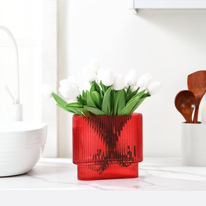 Ribbed Vase, Red Glass Vase for Flowers, Red Flower Vases for Tulips, Modern Vases for Living Room, Dining Table, Office, Bedroom, Mantle, Shelf, Wedding, 7 Inch